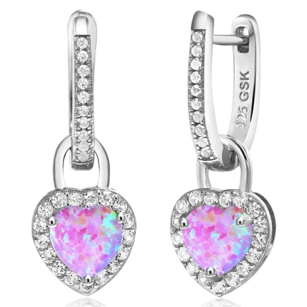 925 Sterling Silver with 2.00 Cttw Pink Opal and White Sapphire Heart Earrings